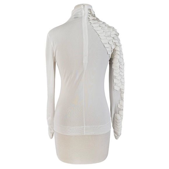 GRACIA Women's White Sheer Turtleneck Top Size S Faux Leather Scale Sleeve - Picture 2 of 10